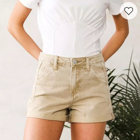 Bridge by GLY Mom Cuffed Shorts Womens 24 Tan High Rise Distressed Seamed Fringe - Picture 3 of 15